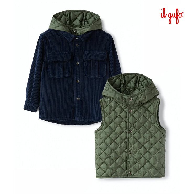 Navy Cord Coat With Detachable Green Quilted Gilet