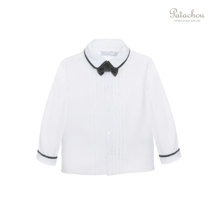 White Collared Shirt With Grey Velvet Bowtie