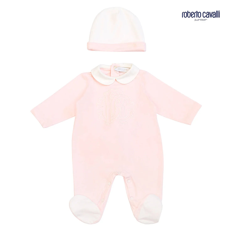Pink Babygrow With Embroidered Logo & Hat