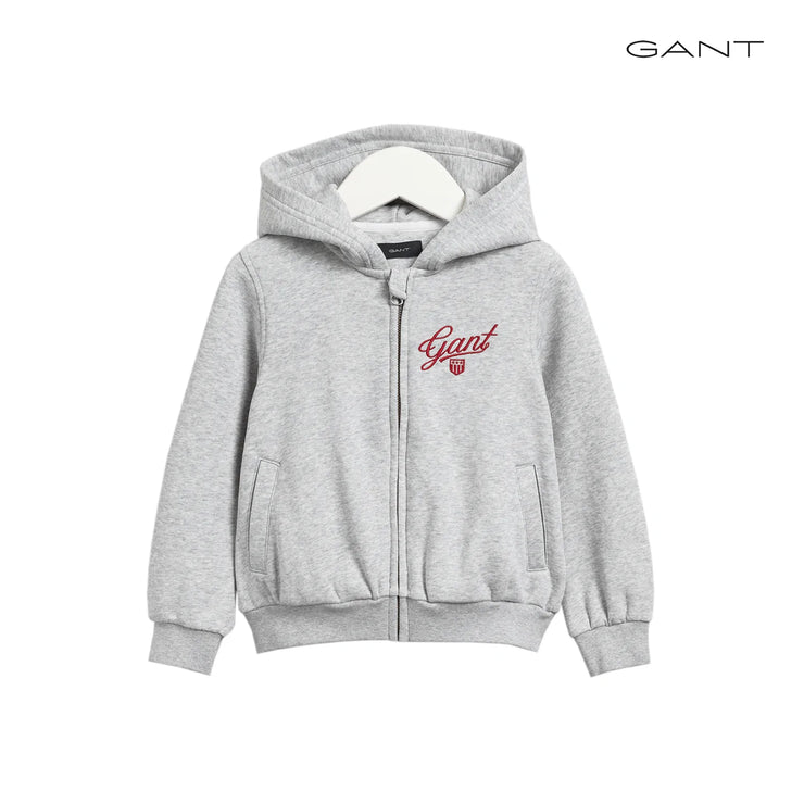 Grey Zip Up Hoodie With Red Logo