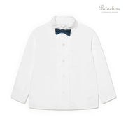 White Collared Shirt With Navy Bowtie