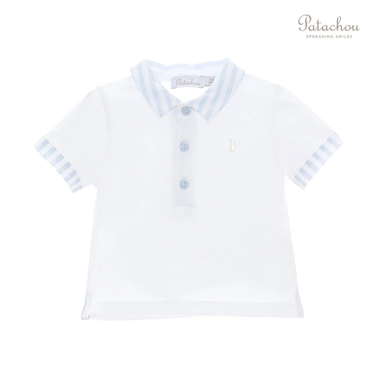 White Polo Shirt With Blue & White Striped Collar