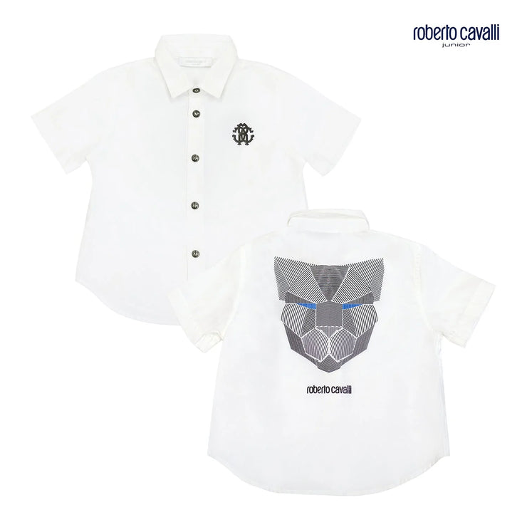 White Short Sleeve Shirt With Tiger Design Back