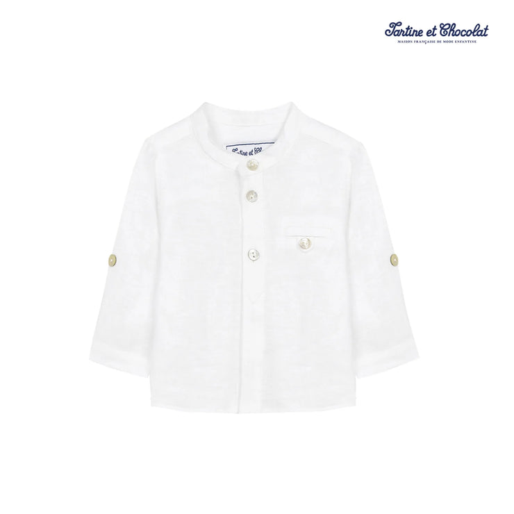 White Linen Mandarin Collared Shirt