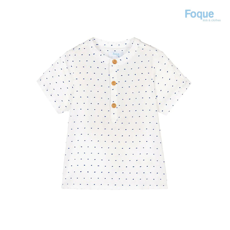 White Short Sleeve Shirt With Blue Embroidered Dots
