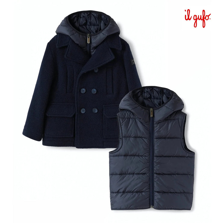 Navy Duffle Coat With Detachable Quilted Gilet