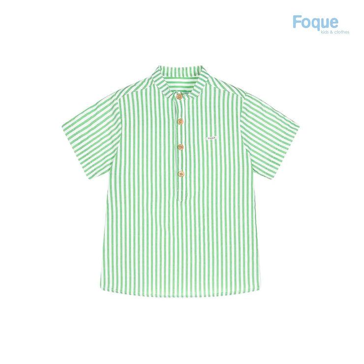 Green & White Striped Short Sleeve Mandarin Collared Shirt