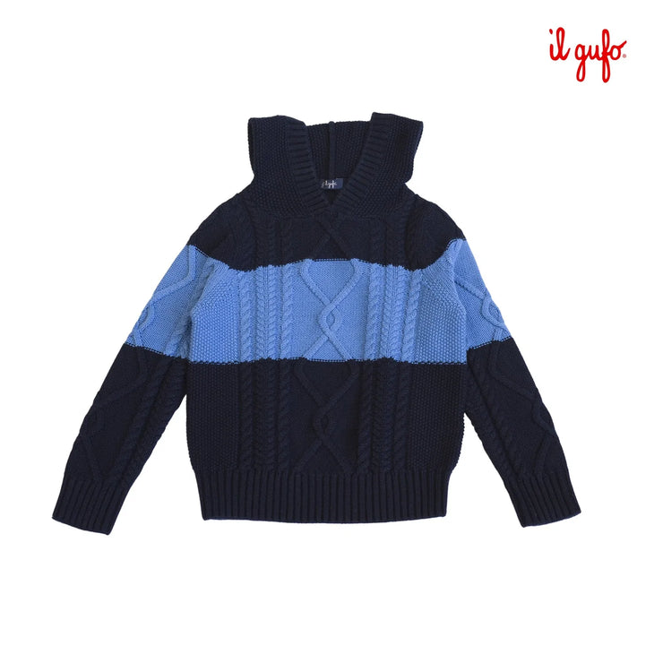 Navy & Blue Cableknit Hooded Jumper