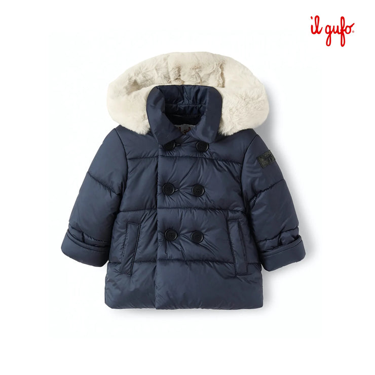 Navy Puffer Jacket With Faux Fur Lined Hood
