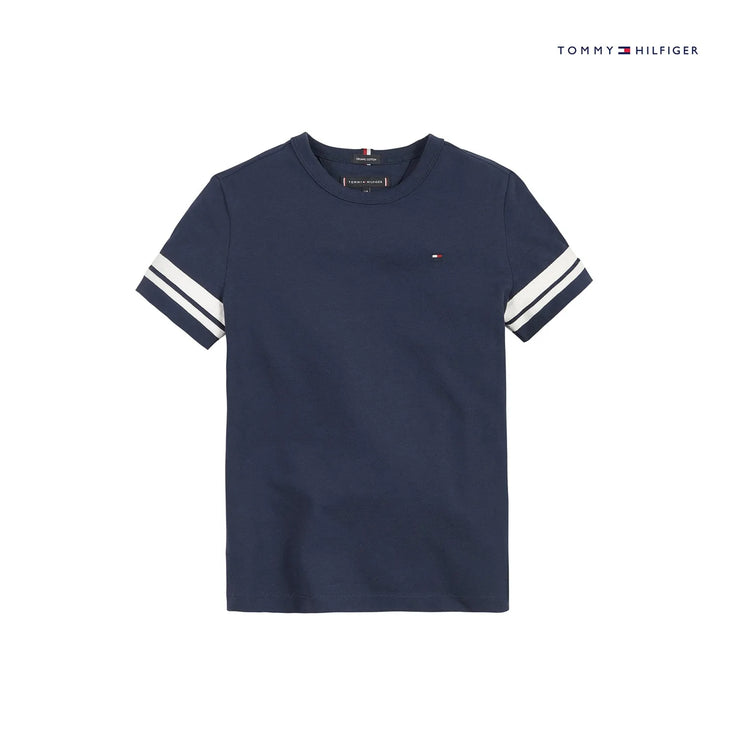 Navy Tee With White Sleeve Stripes