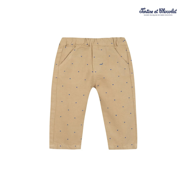 Beige Trousers With Blue Embroidered Dots