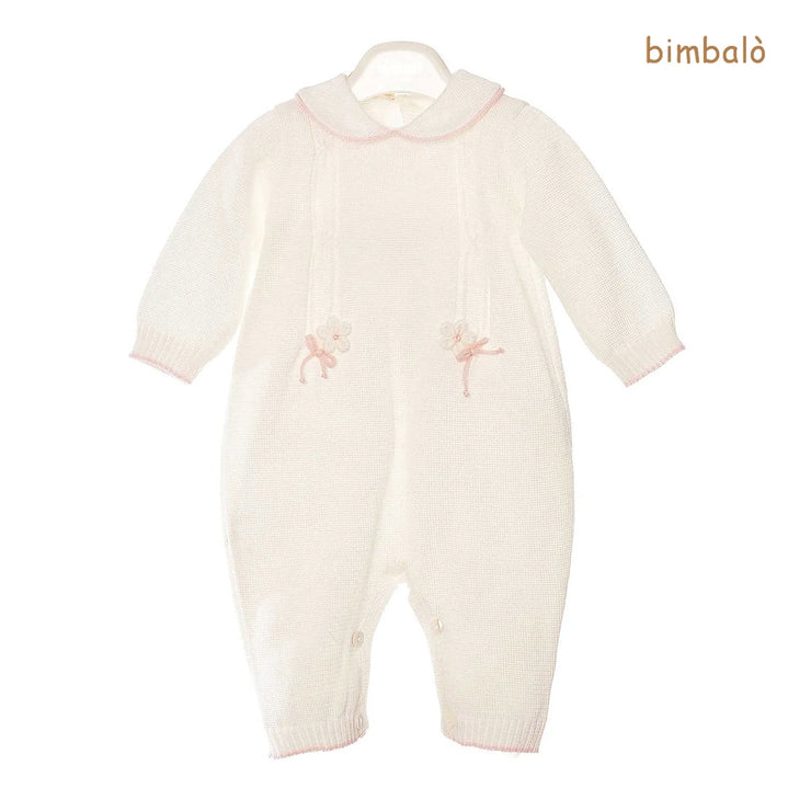Cream Knitted Babygrow With Pink Trim
