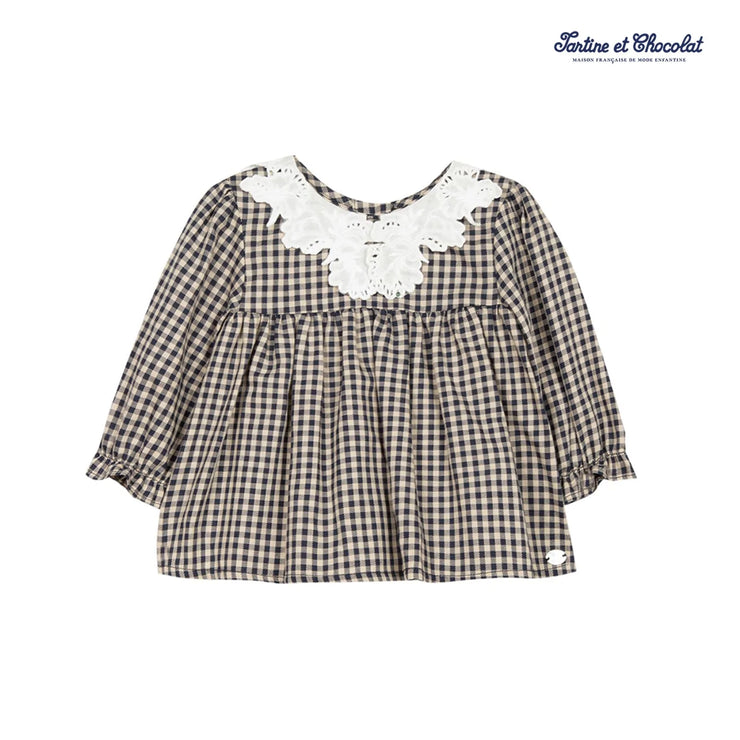 Navy Check Lace Collared Blouse