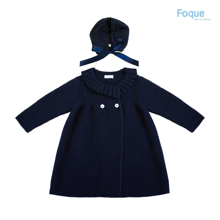 Navy Knitted Coat & Ribbon Tie Hat