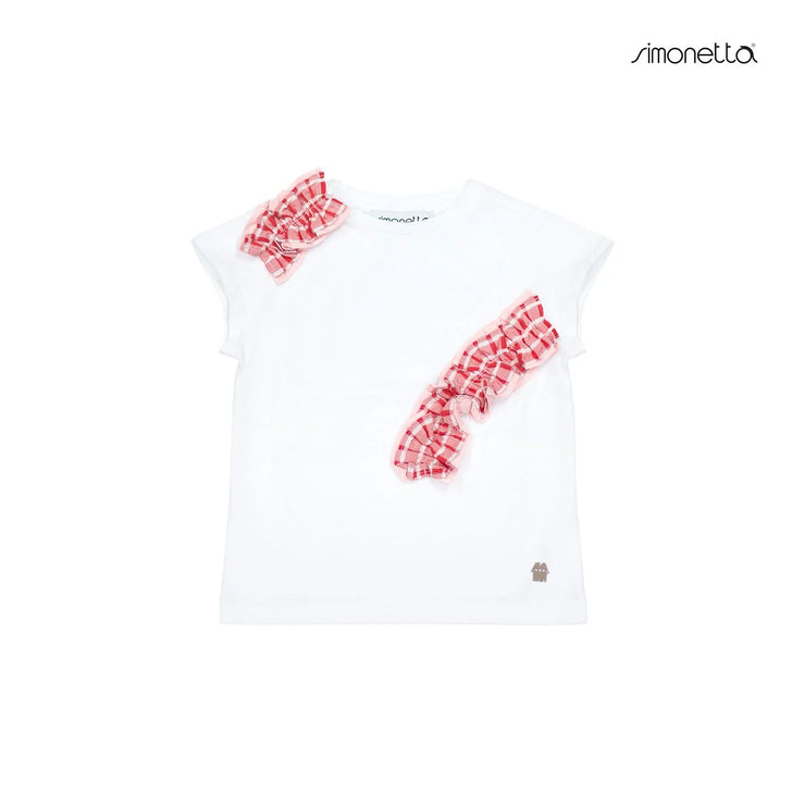 White Tee With Red Checked Ruffles