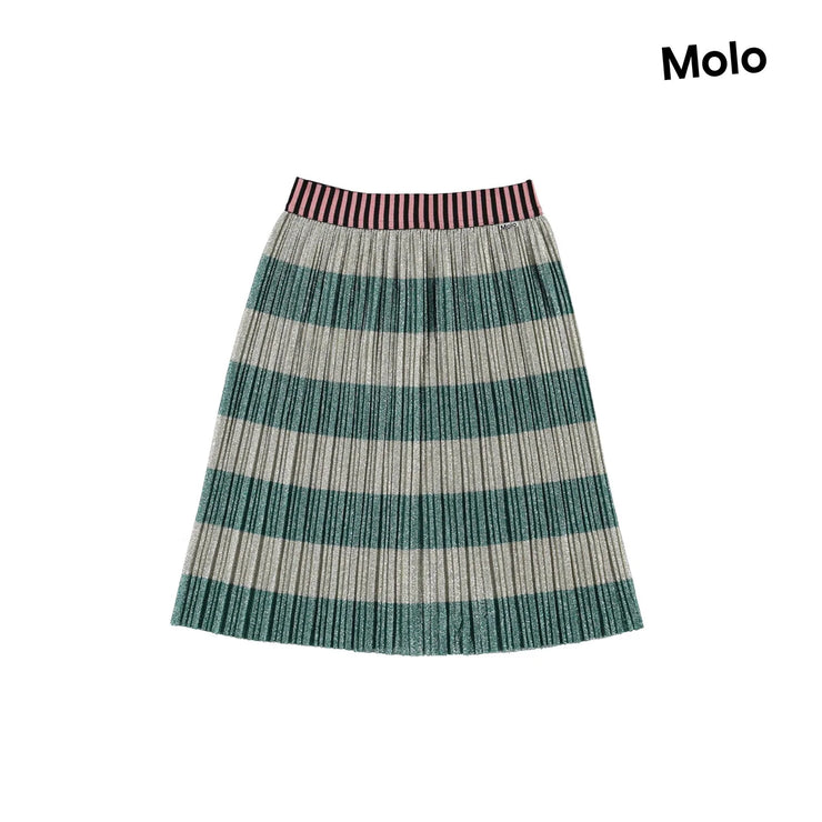 Metallic Green & Silver Striped Pleated Skirt