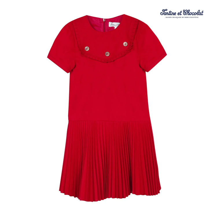 Red Short Sleeved Pleated Dress