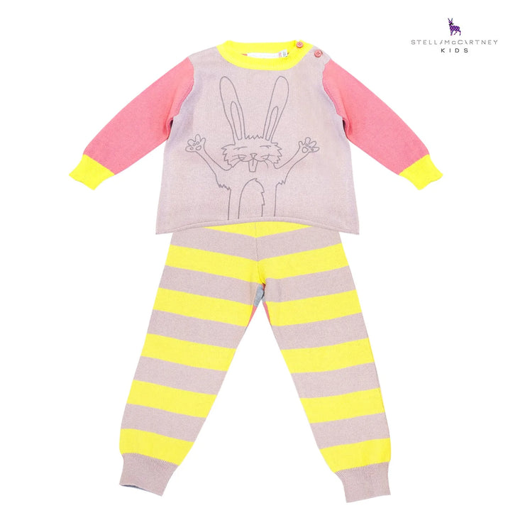 Pink, Coral, Yellow & Grey Bunny Jumper And Striped Bottoms Set