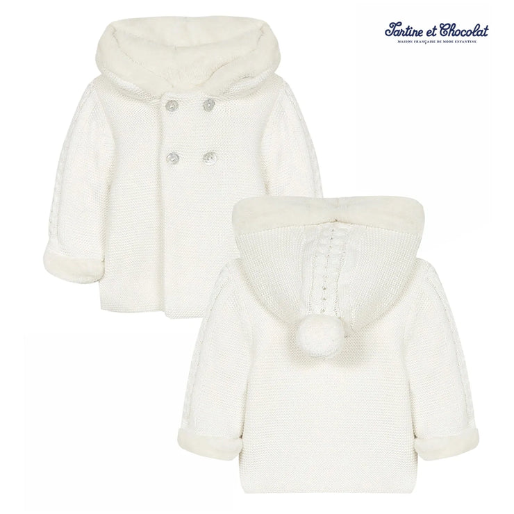 Off White Knitted Coat With Pom Pom Hood