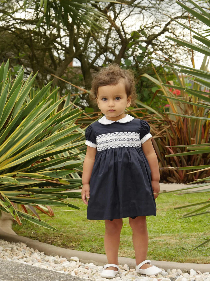Navy Smocked Dress & Bloomers