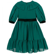 Green Chiffon Velvet Trimmed Dress
